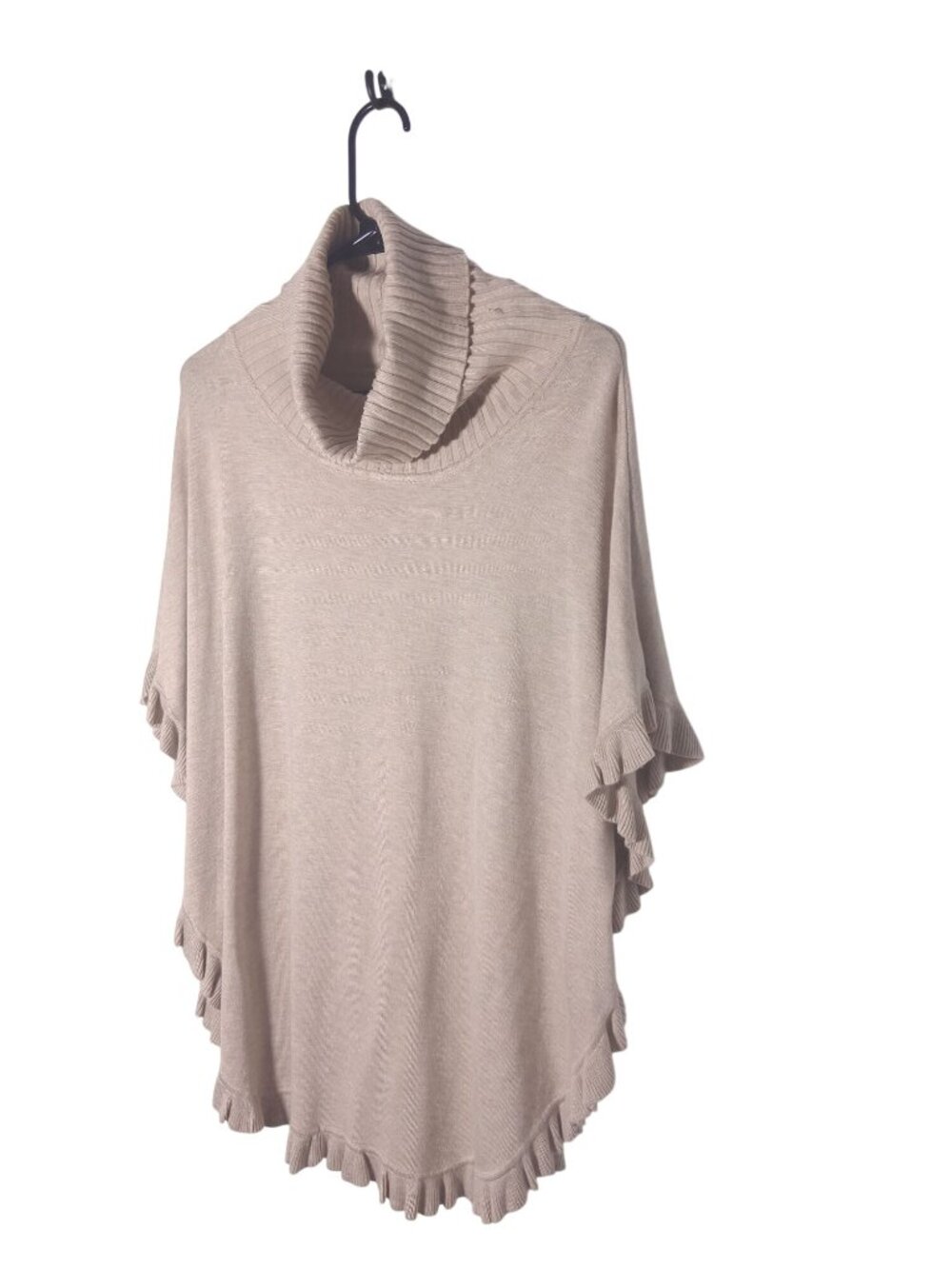 Joseph A Womens Beige Cowl Neck Poncho Sweater With Ruffled Hem - Picture 2 of 4